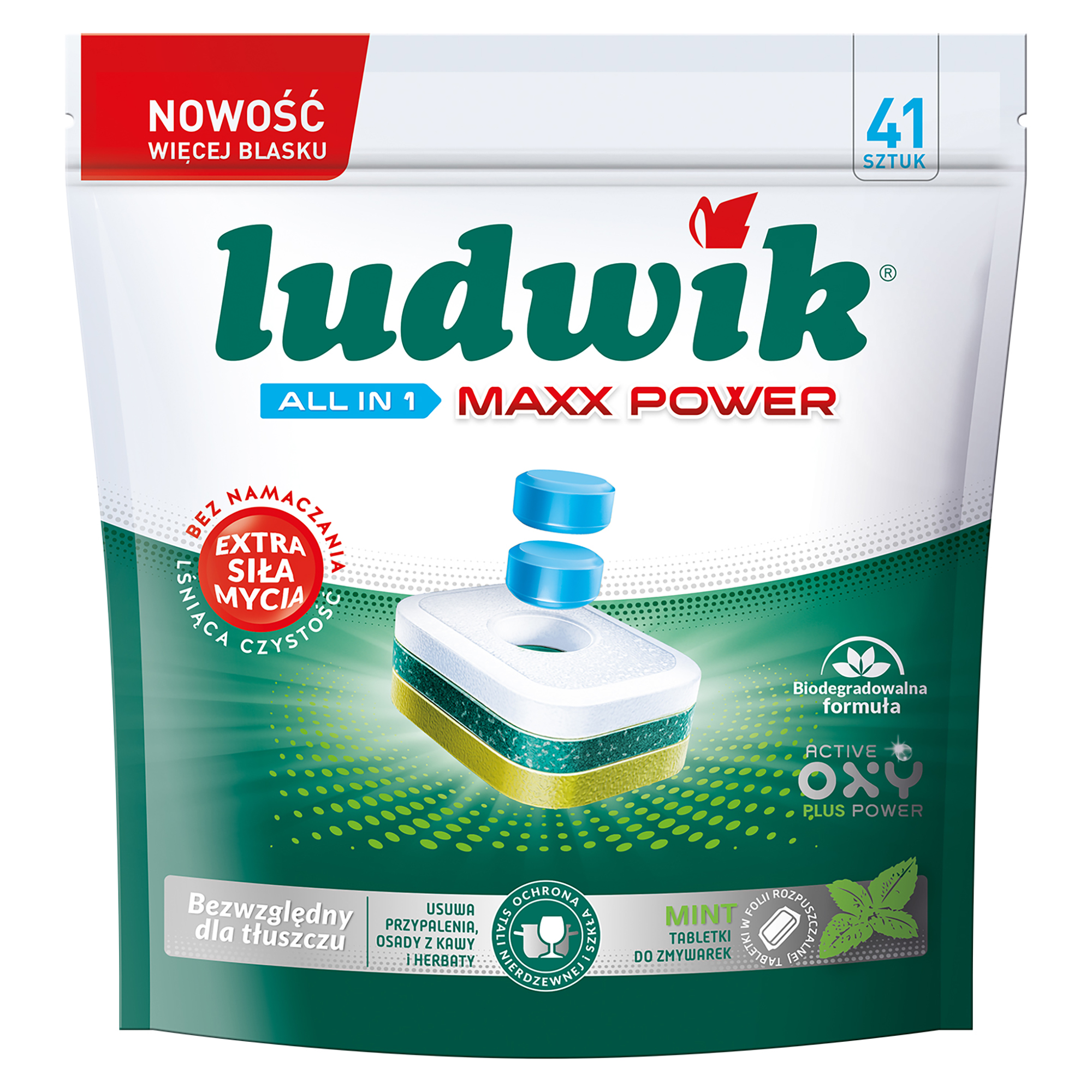 All in 1 Maxx Power dishwasher tablets in soluble film mint