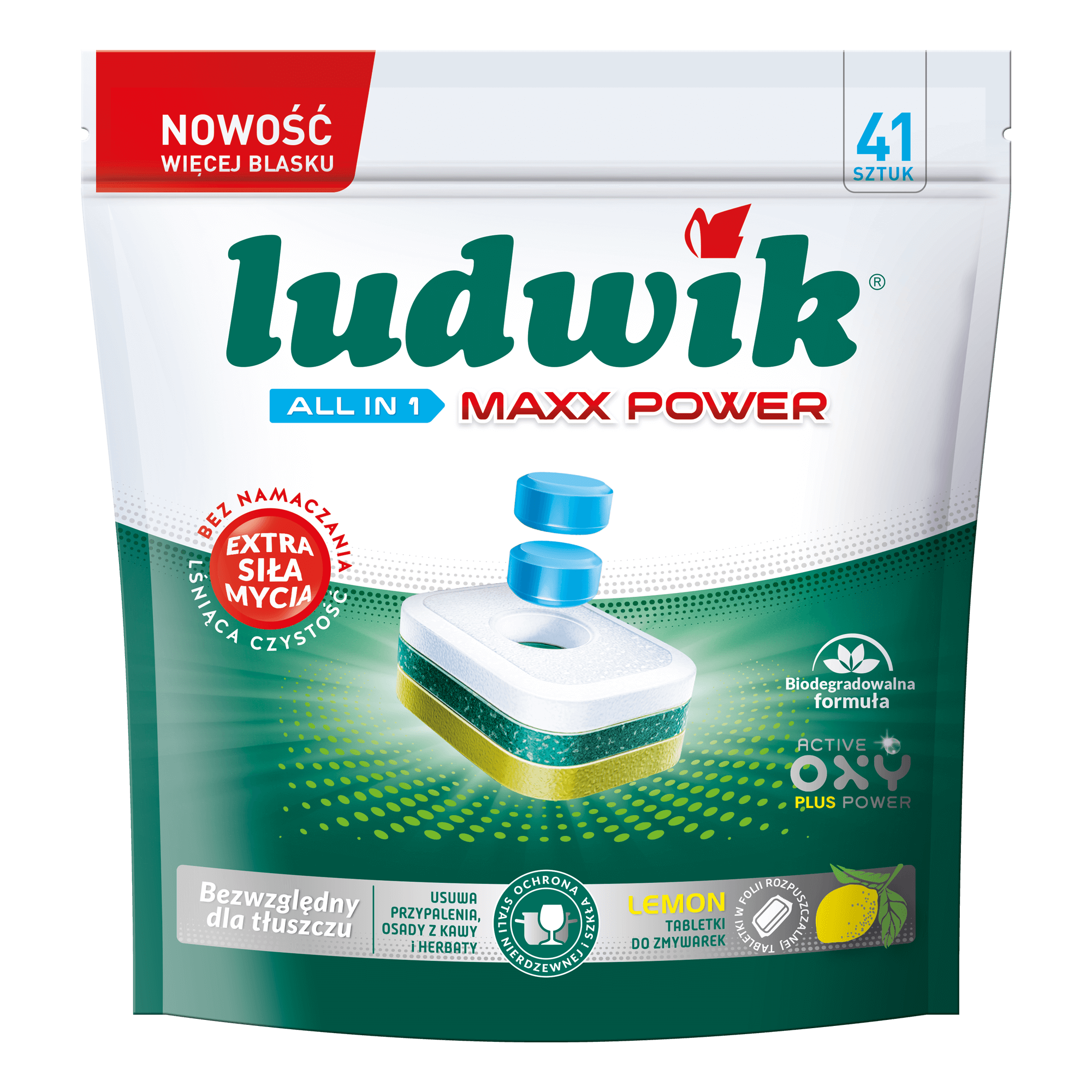 All in 1 Maxx Power dishwasher tablets in soluble film lemon